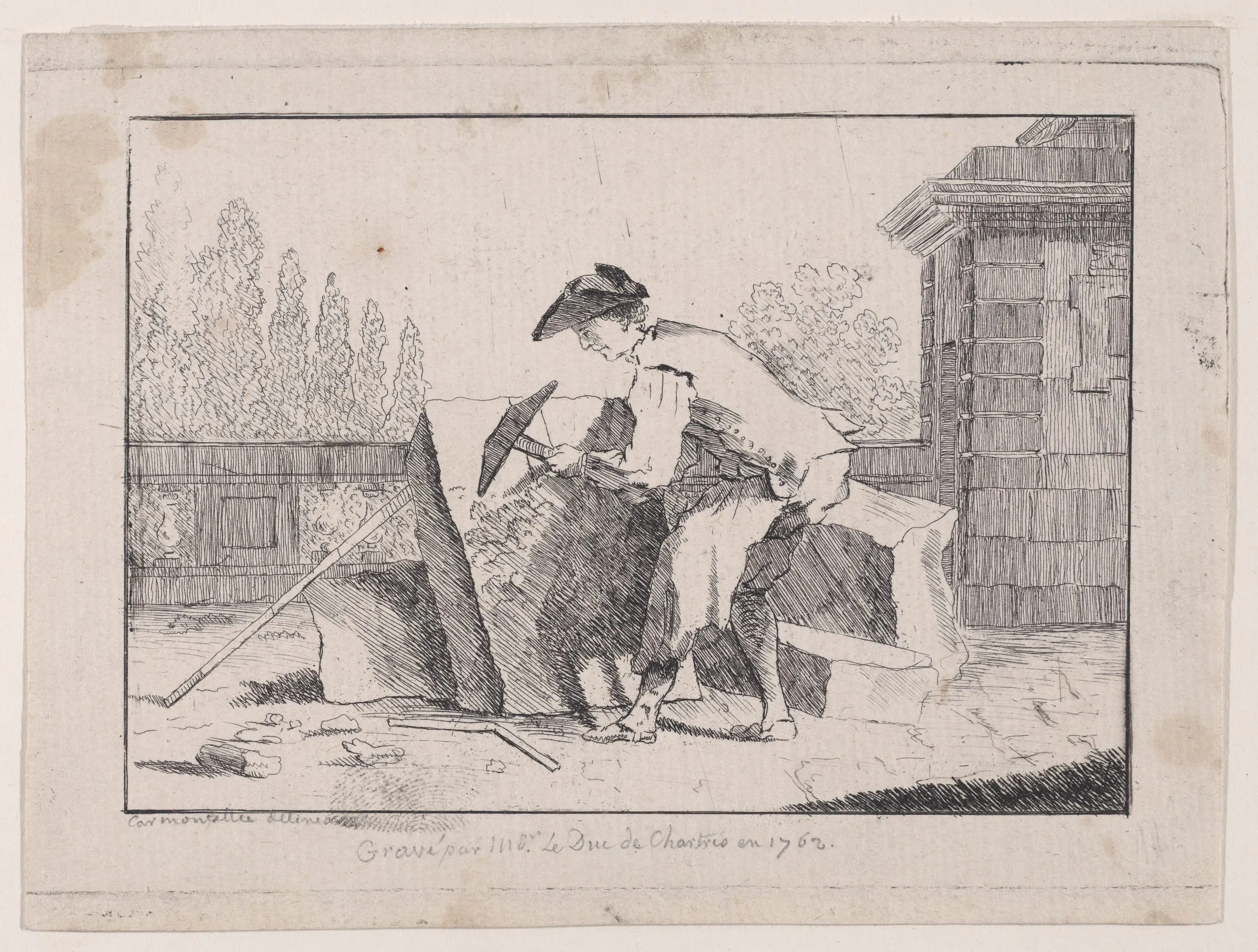 Archival print illustrating a stonemason working a large stone block, stone type unrecorded, shown at workshop-task scale.