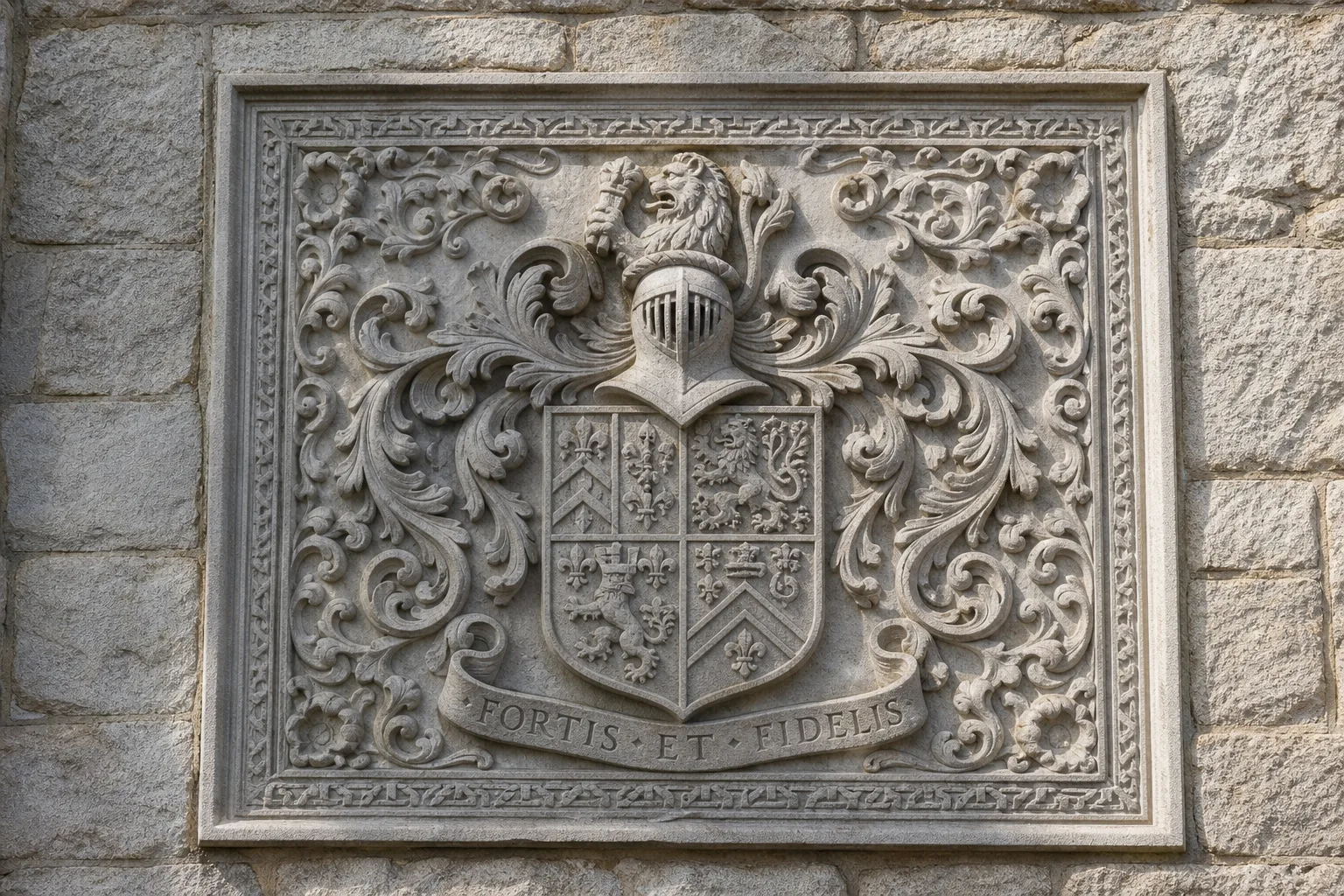 Concept visualisation of a carved armorial panel.