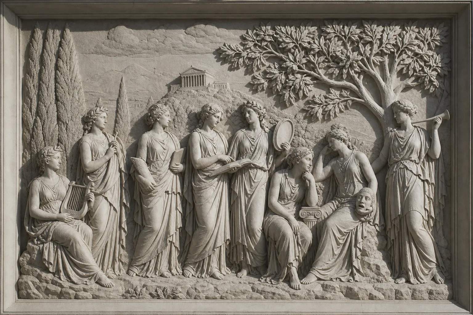Concept visualisation of a classical figurative stone relief depicting the Nine Muses in flowing robes in a Western classical scene.