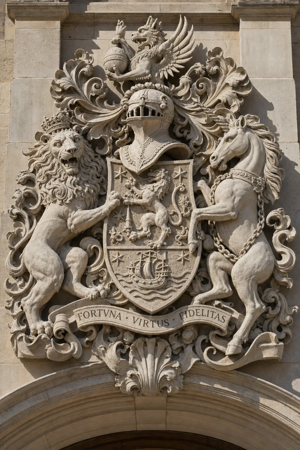 Concept visualisation of a full heraldic achievement carved in stone.